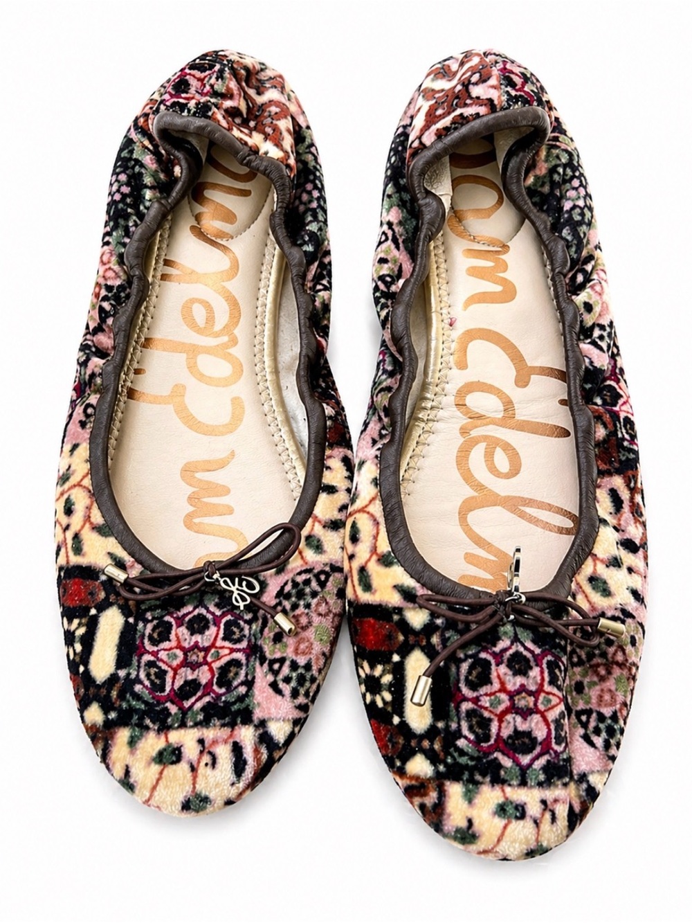 Sam Edelman Ballet Flats Velvet Floral Patchwork Brown Trim Slip On Size 8